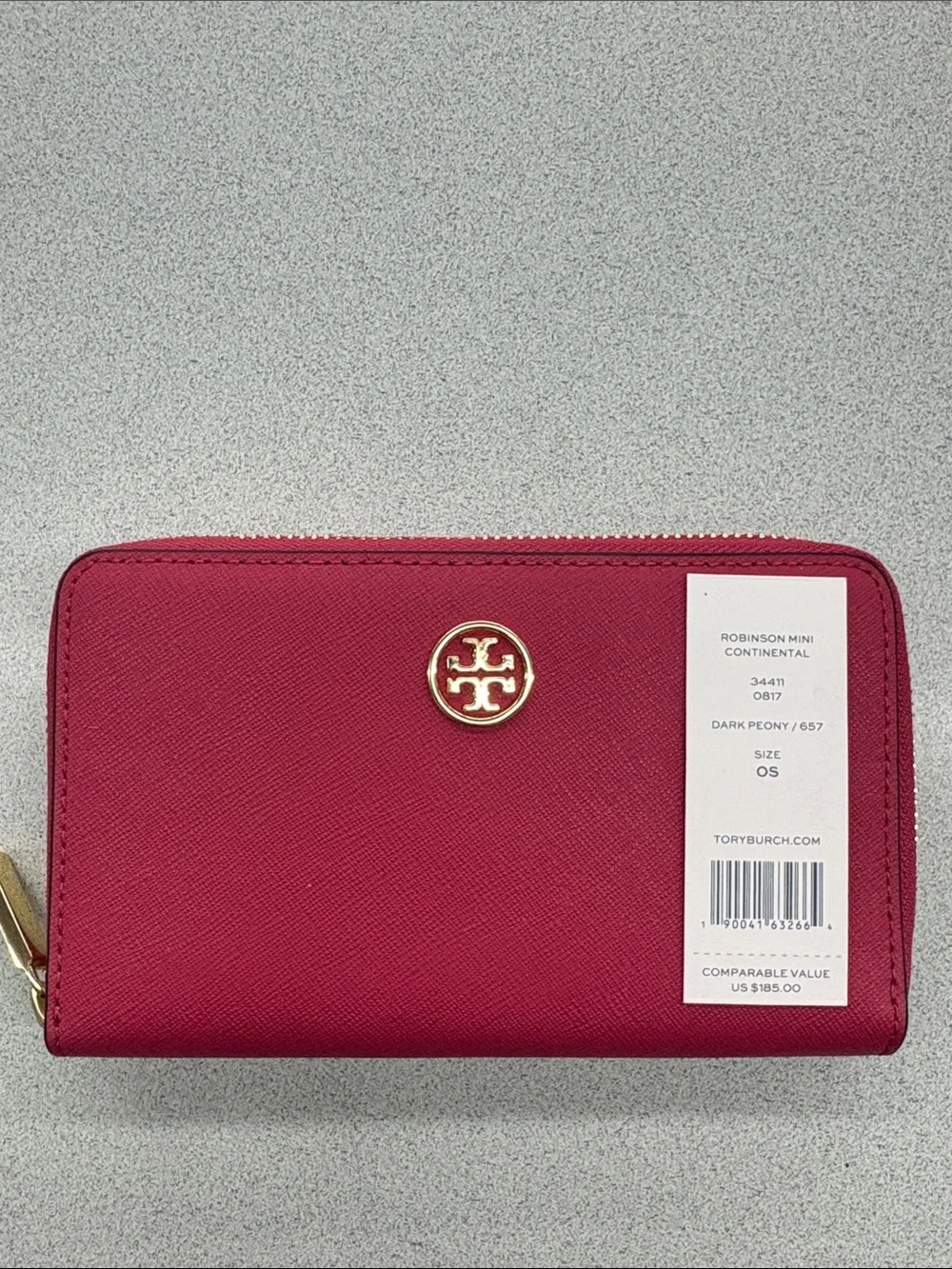 Tory Burch Robinson Mini Continental Wallet in Dark Peony with Gold Logo